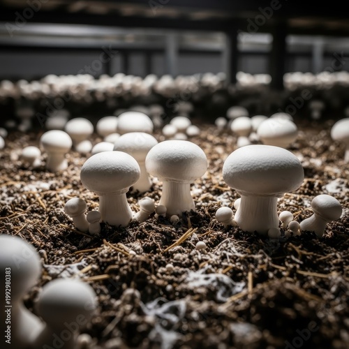 Cultivated White Mushrooms Growing in Commercial Farm.