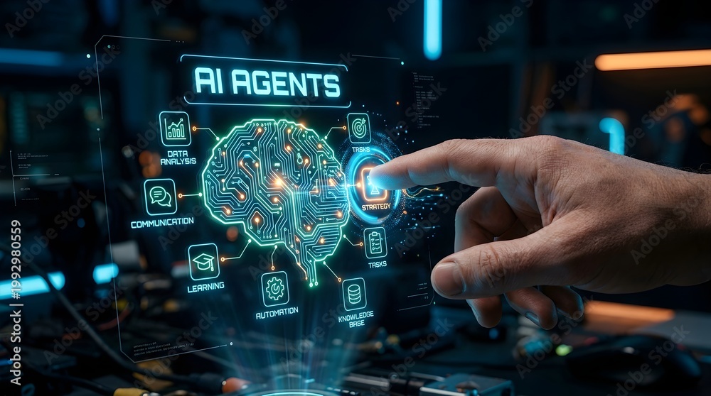 Fototapeta premium Interactive AI Agents Analyzing Brain Data in Futuristic Technology Lab, Digital Interface Close-Up View