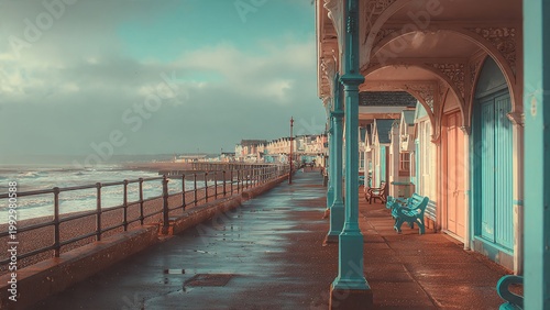 Vintage-inspired cinematic shot of the Sheringham seafront, featuring the Victorian-style shelters and the pier walkway