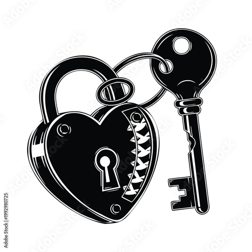 Foto Heart padlock and key silhouette set bundle, isolated black and white object