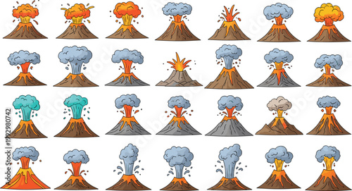 Volcano eruption vector set in flat style, explosive mountain collection with lava, smoke and ash for disaster, geology and nature design