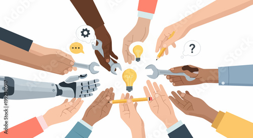 Diverse hands and robotic arm collaborate on innovation vector illustration. Teamwork and problem solving concept for business and technology.