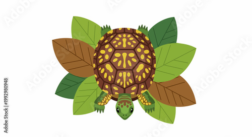 Vector illustration of a turtle surrounded by green and brown leaves, nature concept vector art. for branding, packaging, banner, poster, website header, and social media design use