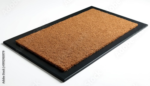 Rectangular doormat, textured brown fiber surface, black rubber border. Isolated on white background. Practical home accessory for entryways, keeping floors clean from dirt.