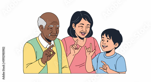 Diverse family learning sign language vector illustration. Grandfather, mother, and son communicating with hand gestures. Concept of communication and inclusion vector art.