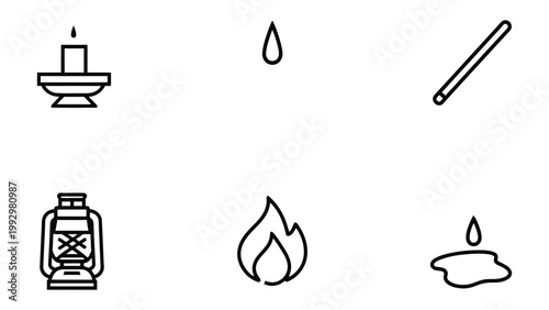 Candle and flame Icon Set: A minimalistic collection of icons related to fire, illumination, and warmth, showcasing diverse representations of flames, wax, and related elements.