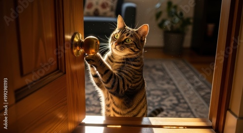 Curious Tabby Cat Reaching for Door Handle in Sunlight.