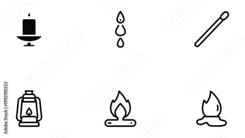 Symbolic Embers: A collection of simple, yet evocative icons, each representing elements of fire and light, from a solitary candle to a flickering flame.