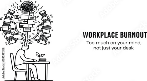 Workplace burnout, stress, and mental health, office worker overwhelmed, too much on your mind