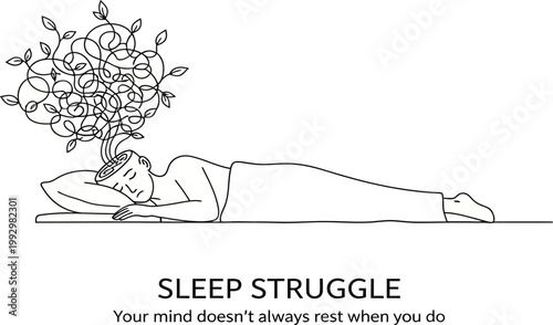 Sleep struggle, insomnia, mind racing, anxiety, vector illustration