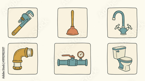 Plumbing tools and water system icon set in detailed flat illustration style