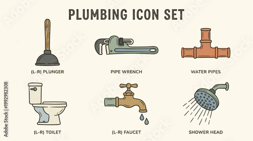 Plumbing tools and water system icon set in detailed flat illustration style