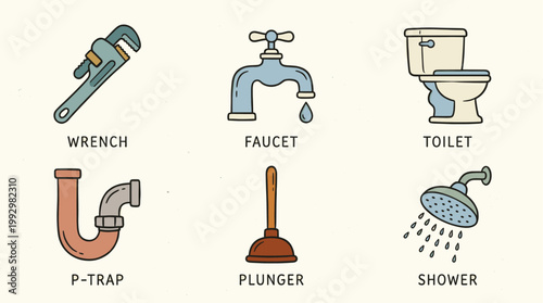 Plumbing tools and water system icon set in detailed flat illustration style