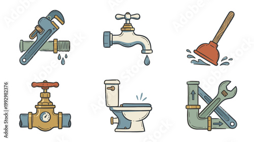 Plumbing tools and water system icon set in detailed flat illustration style