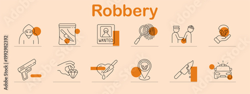 Robbery set icon. Line symbols depict masked thief, broken glass, wanted poster, fingerprint, arrest scene, skull hand, handgun weapon, stolen diamond, stabbed heart, danger marker
