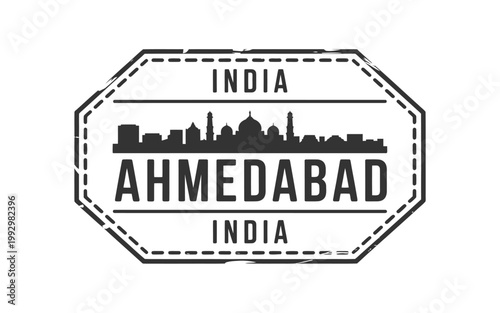 Tableau sur toile Stamp depicting the ahmedabad skyline with india text above and below