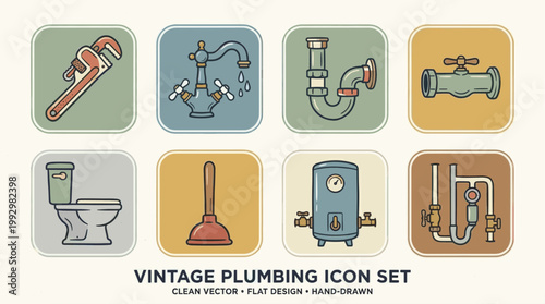 Plumbing tools and water system icon set in detailed flat illustration style