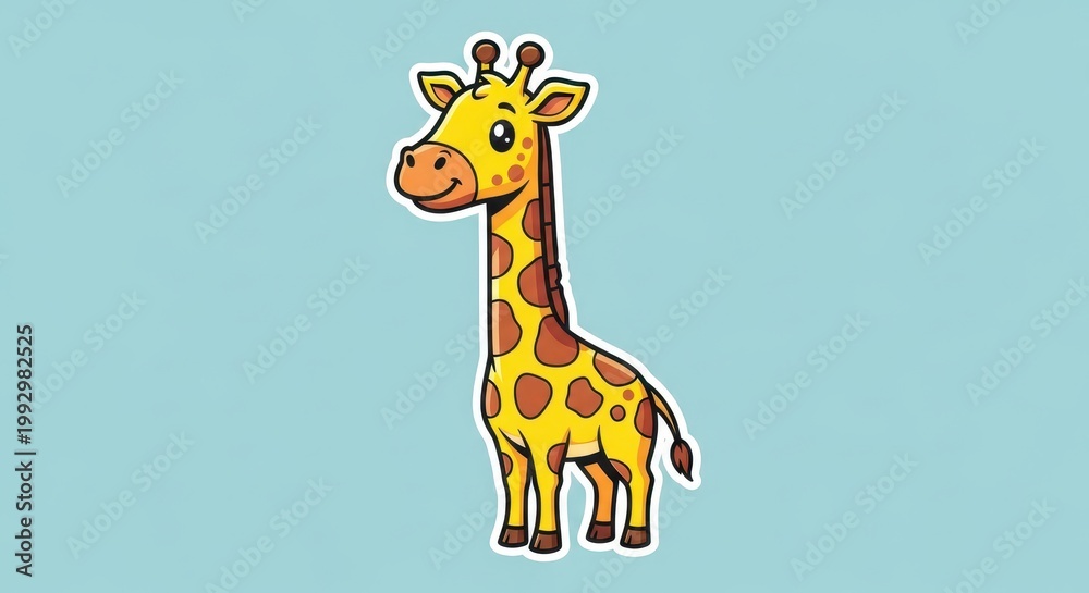 Obraz premium Cute Cartoon Giraffe Standing on a Light Blue Background.