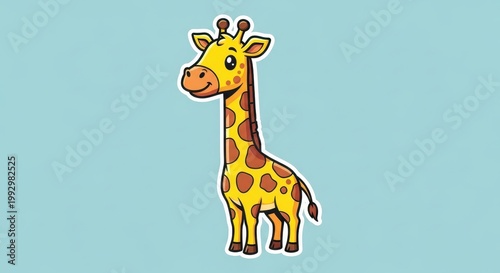 Cute Cartoon Giraffe Standing on a Light Blue Background.