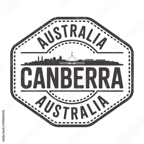 Vintage stamp graphic featuring canberra skyline and australian text