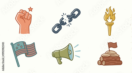 Revolution and protest symbols set in vintage hand drawn illustration style