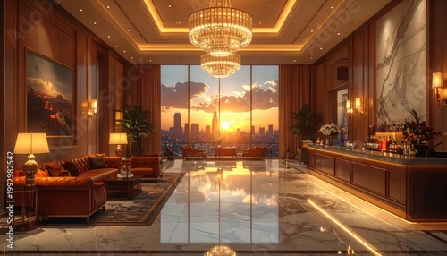 Luxurious Hotel Lobby with Sunset View and Elegant Decor.