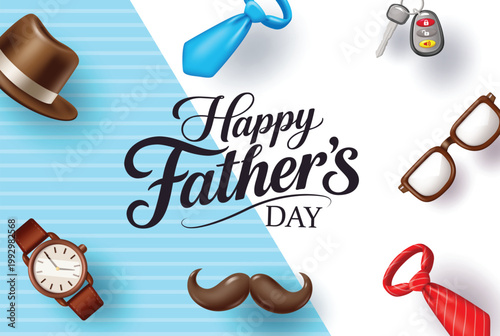 Happy Father's Day Banner with Mustache Watch Summer Hat Blue and Red Tie Glasses and Car Key Vector