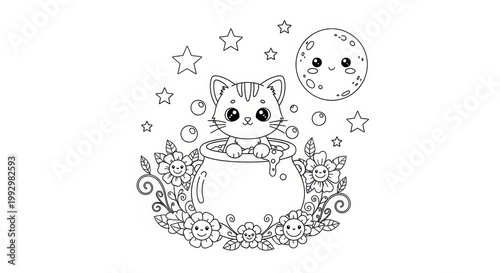 Cute Cartoon Kitten in a Magical Cauldron with Stars and Moon.