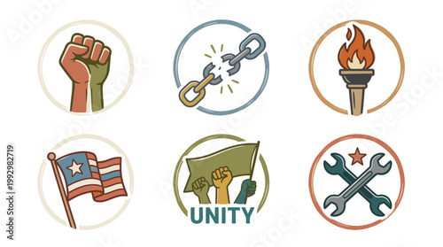 Revolution and protest symbols set in vintage hand drawn illustration style