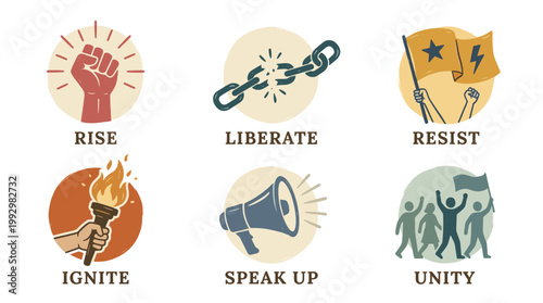 Revolution and protest symbols set in vintage hand drawn illustration style