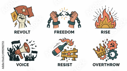 Revolution and protest symbols set in vintage hand drawn illustration style