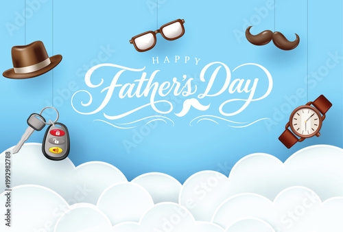 Happy Father's Day Banner Background with Clouds Summer Hat Mustache Spectacles Watch and Car Key