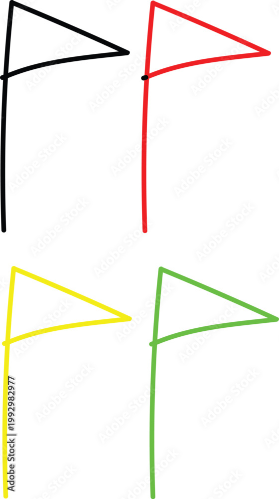 Obraz premium Triangular hand drawing pennant flag set, black red yellow green outline markers on transparent background