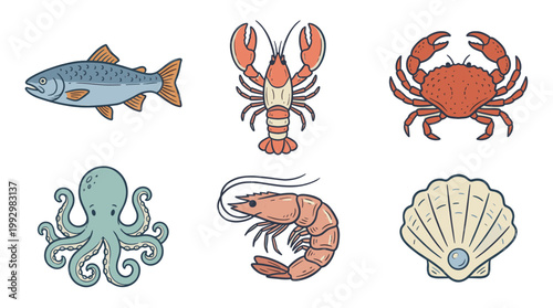 Seafood and marine animals icon set in vintage hand drawn illustration style