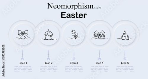 Easter set icon. Neomorphism style interface with ribbon bow, decorated cake with cross, flower sprout, patterned eggs, church building. Soft round buttons, thin outline symbols.