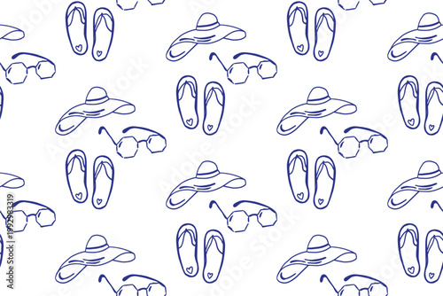 Doodle seamless pattern with sunglasses, photo camera, towel, rainbow, ball, panama hat, sunscreen cream and bracelet. Summer pattern for textile and wrapping packaging