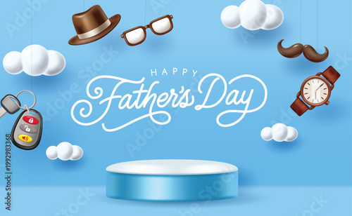 Happy Father's Day Sale Podium Background with Brown Hat Mustache Glasses Watch and Car Key Fob