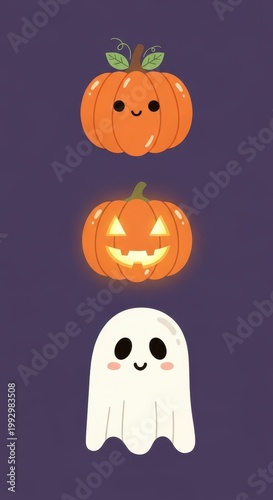 Cute Halloween Pumpkin and Ghost Cartoon Characters on Purple Background.