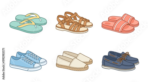 Casual and summer footwear collection in vintage hand drawn illustration style