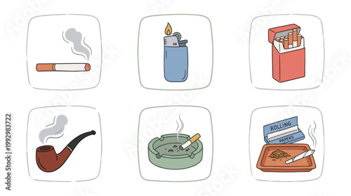 Smoking and tobacco products icon set in vintage hand drawn illustration style