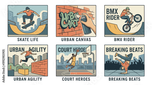 Urban street sports and culture set in vintage hand drawn illustration style