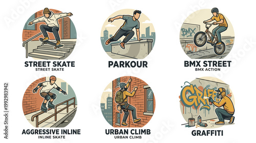 Urban street sports and culture set in vintage hand drawn illustration style