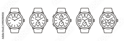 ドイツ風クラシック高級腕時計のラインアイコンセット　機能美とミニマルデザインのベクター素材
