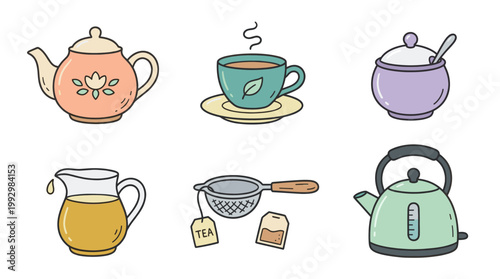 Tea and hot beverage elements set in vintage hand drawn illustration style