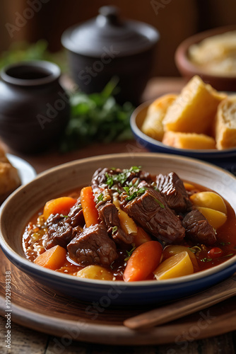 Zimbabwean sadza with rich beef stew. Zimbabwe traditional authentic food. South African cuisine.
