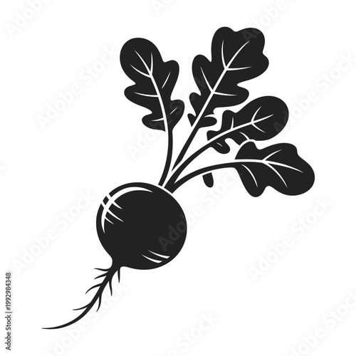 A black silhouette illustration of a radish with leaves and root