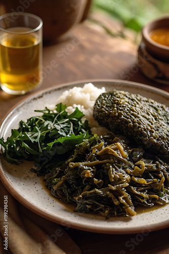 Zimbabwean sadza with sautéed leafy greens (muriwo). Zimbabwe traditional authentic food. South African cuisine
