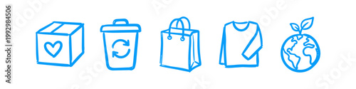 Set of blue hand-drawn sustainability icons featuring a donation box, recycling bin, reusable bag, shirt, and earth with a plant. Perfect for eco-friendly and environmental concepts.