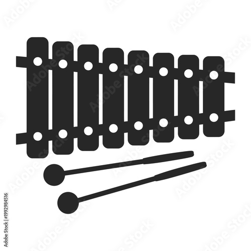 A stylized black silhouette of a xylophone with two mallets