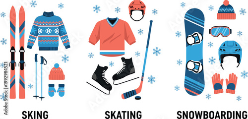 Winter sports activity equipment flat vector illustration collection featuring skiing ice hockey skating and snowboarding clothing gear